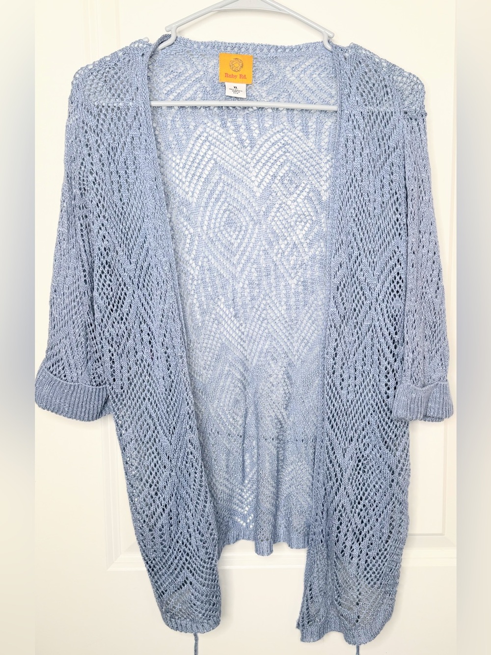 Ruby Rd XL Blue Open Knit Crochet Cardigan Duster Belted Boho Made USA